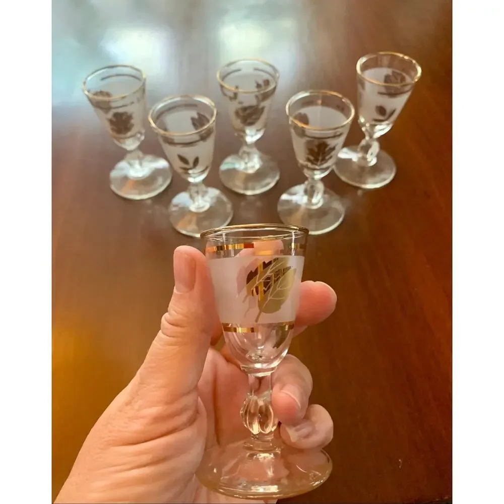 Vintage Mid Century Libbey Shot Glasses, Set Of Six, Frosted With Gold Leaf MCM